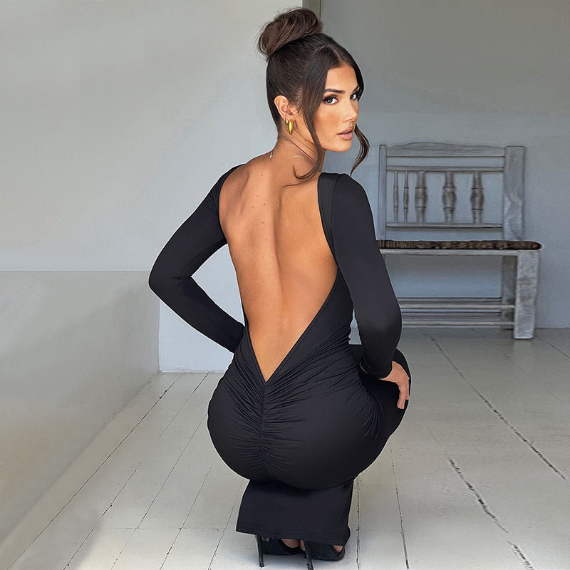 Thumbnail: Autumn Winter Sexy Backless Bodycon Ruched Evening Party Maxi Long Dress Outfit