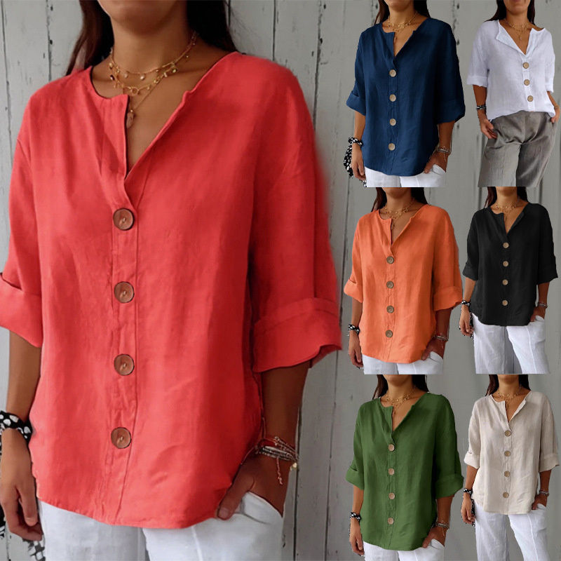 Thumbnail: Summer Loose Shirt Women's V-Neck Cotton Linen Button Top Casual Shirts Solid Fa