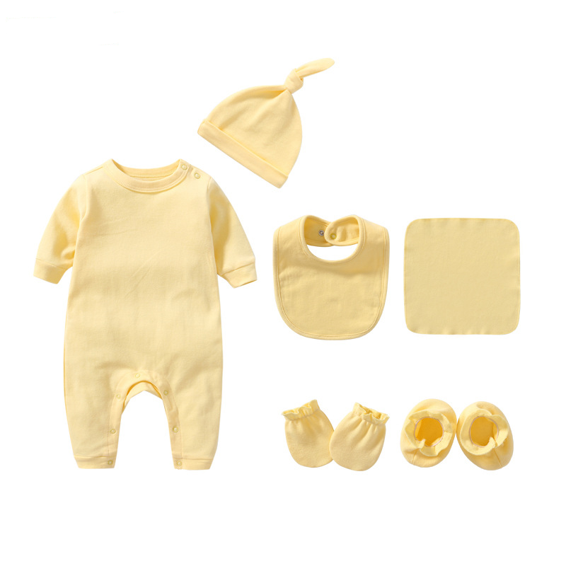 Thumbnail: Baby Rompers+hats+bibs+socks 5pcs Cotton Newborn Baby Clothes Summer Solid Baby