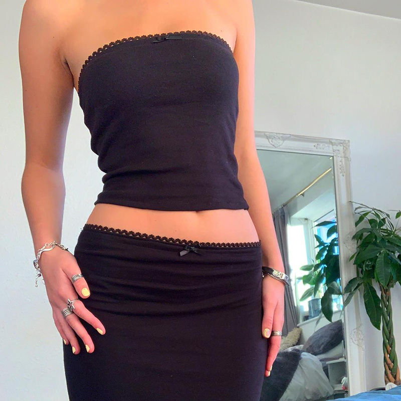 Thumbnail: 90s Vintage Backless Cropped Camis 2 Piece Set 00s Retro Y2K Lace Trim Strapless