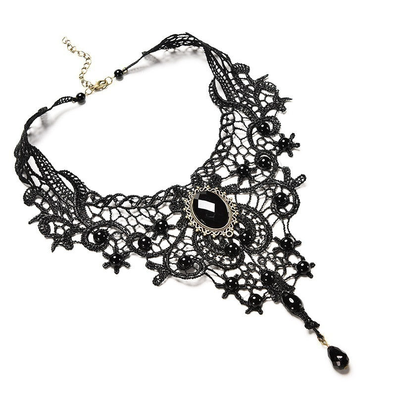 Fashion New Vintage Gemstone Black Lace Beads Choker Gothic Steampunk Style Ston