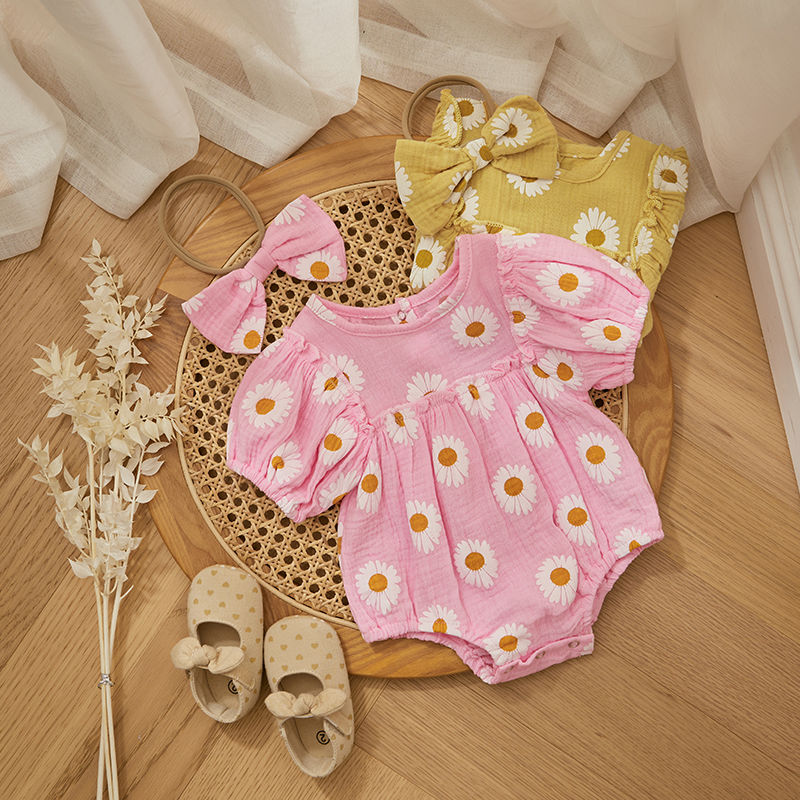 Thumbnail: Cute New Baby Girls Rompers Summer Princess Daisy Print Short Sleeve Infant Body