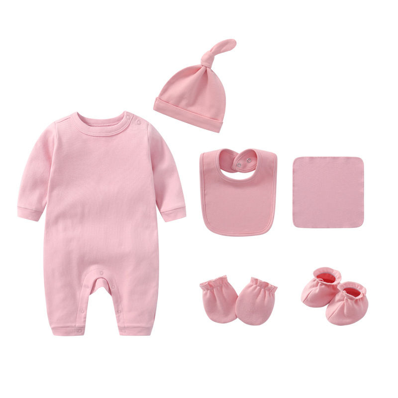Thumbnail: Baby Rompers+hats+bibs+socks 5pcs Cotton Newborn Baby Clothes Summer Solid Baby