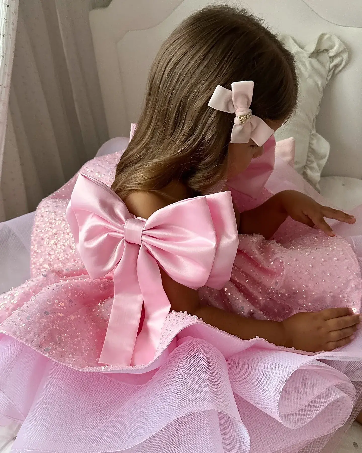 Customized Lovely Pink Flower Girl Dress for Wedding Sequins Beading with Bow Ki