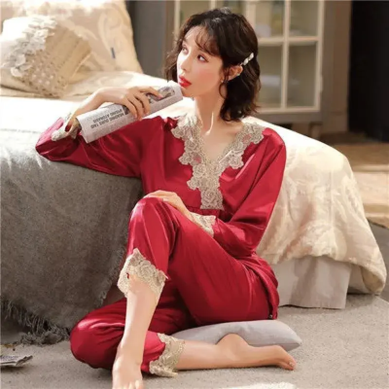 Thumbnail: Girls' faux ice silk pyjamas, ladies' long-sleeved lace green premium feeling tw
