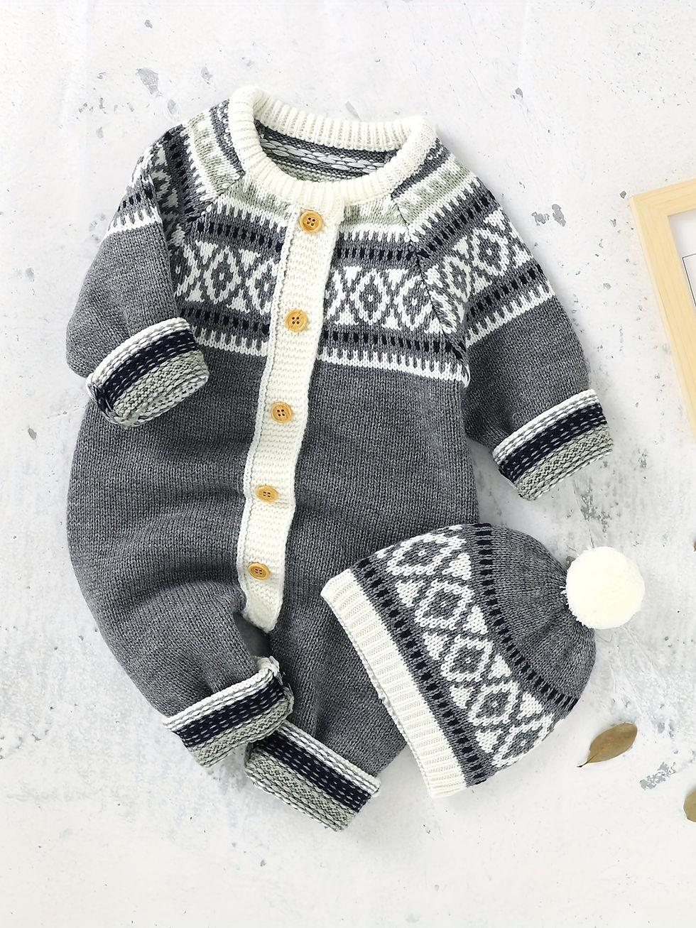 Thumbnail: Newborn Infant Geometric Pattern Sweater Romper Long Sleeve Button Jumpsuit & Ha