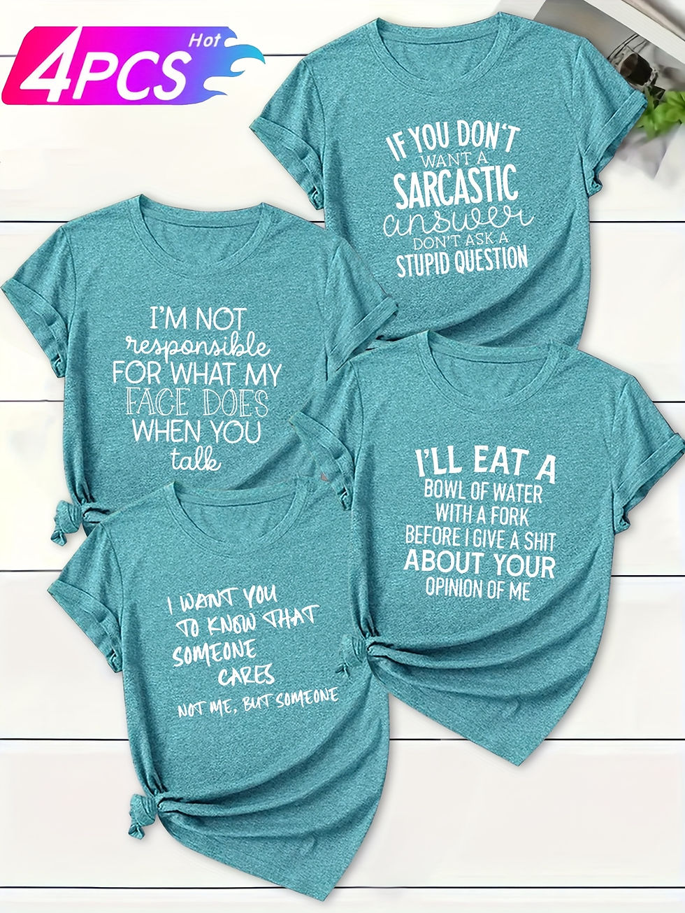 Thumbnail: 4pcs Women's Vintage Graphic T-Shirts - Sarcastic Quote Letter Print Retro Casua