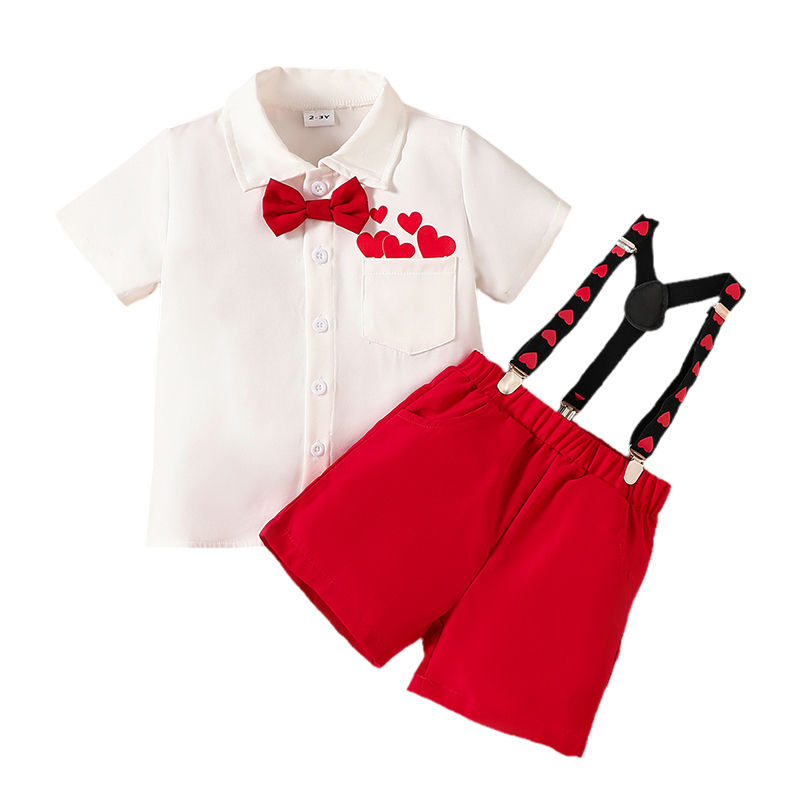 Pudcoco Little Boy Valentine's Day Outfits Heart Print Short Sleeve Lapel Shirt