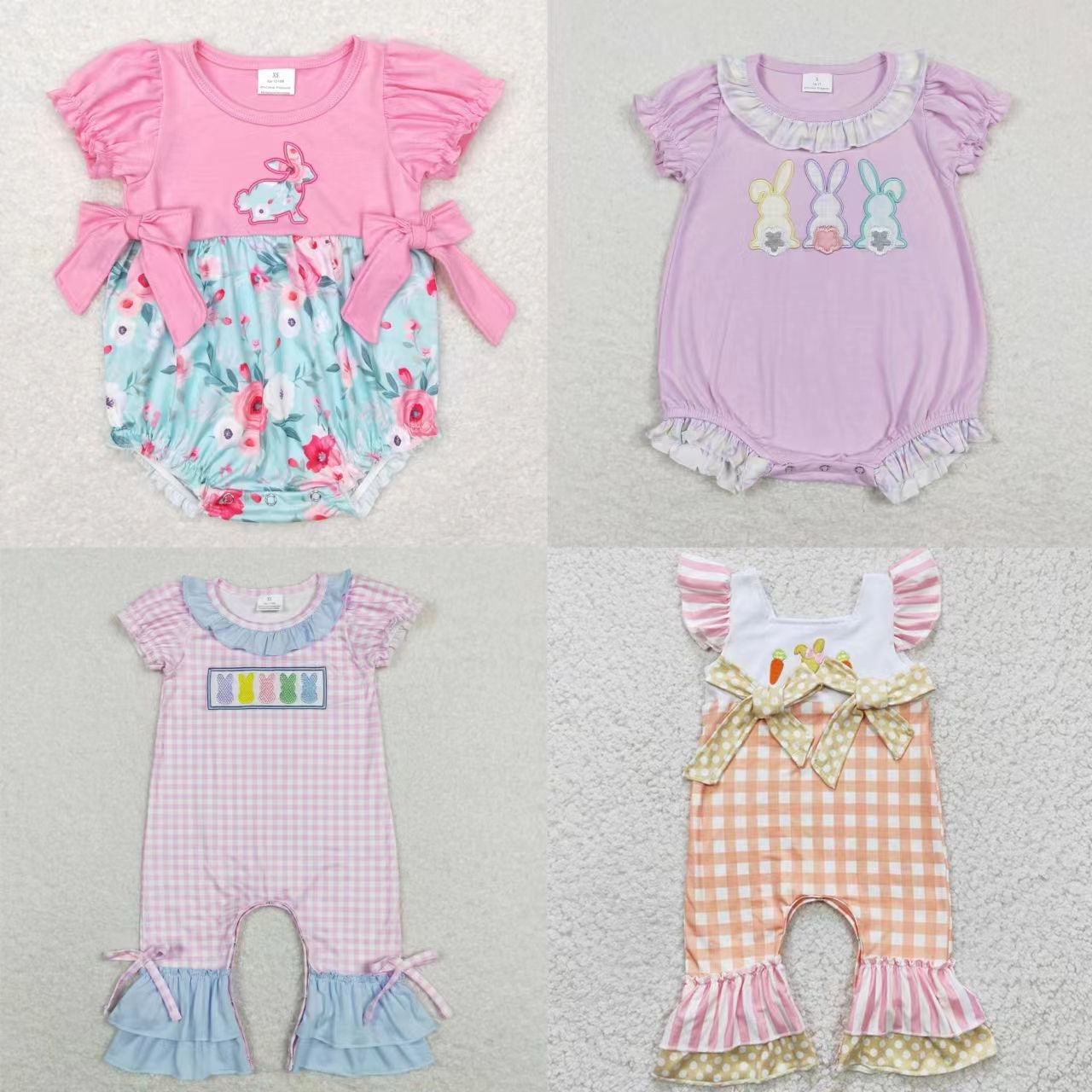 Wholesale Newborn Baby Girl Easter Clothes Short Sleeves Embroidery Rabbit Ruffl