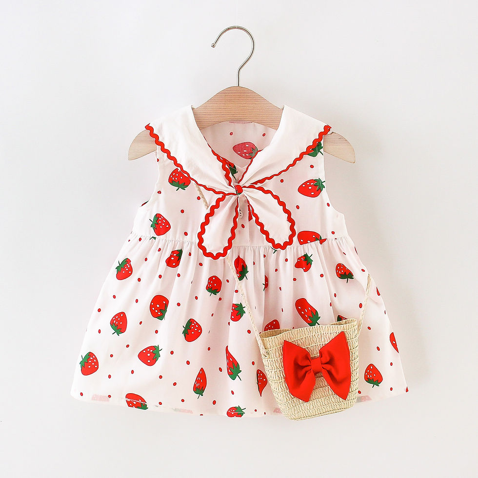 Thumbnail: 2/piece set of summer girls dress bag cartoon strawberry print tie lapel sleevel