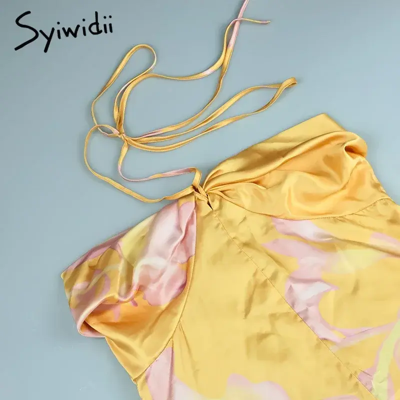 Thumbnail: Syiwidii Elegant Printing Satin Dresses for Women Sleeveless Backless Halter Lon