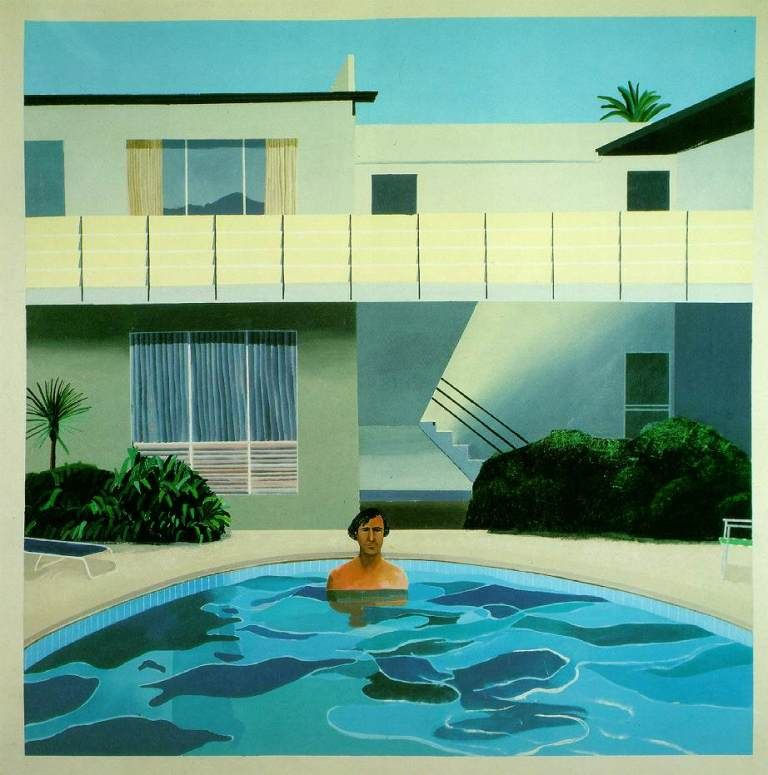 Pintura contemporânea de homem numa piscina, inspirada no modernismo californiano, com casa minimalista ao fundo.