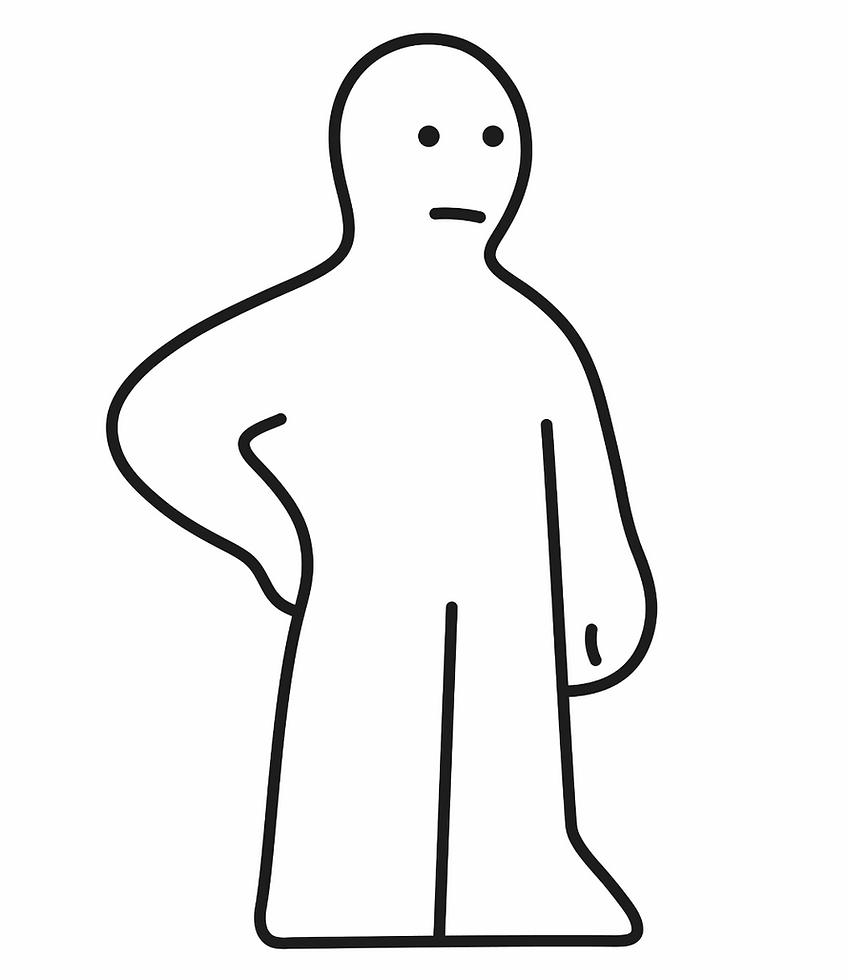Ilustração vetorial minimalista de personagem abstrata em traço preto, estilo gráfico contemporâneo.