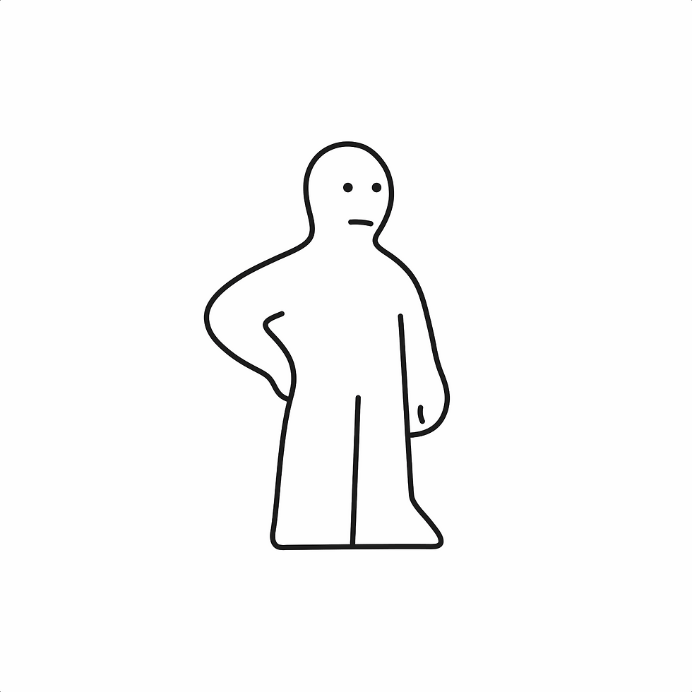 Ilustração vetorial minimalista de personagem abstrata em traço preto, estilo gráfico contemporâneo.
