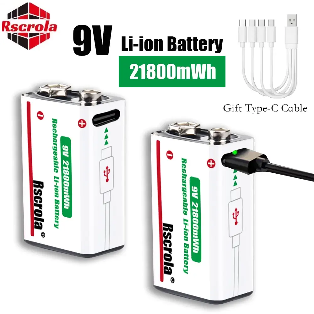 Bateria 9V de Lítio Recarregável de Alta Capacidade com Cabo