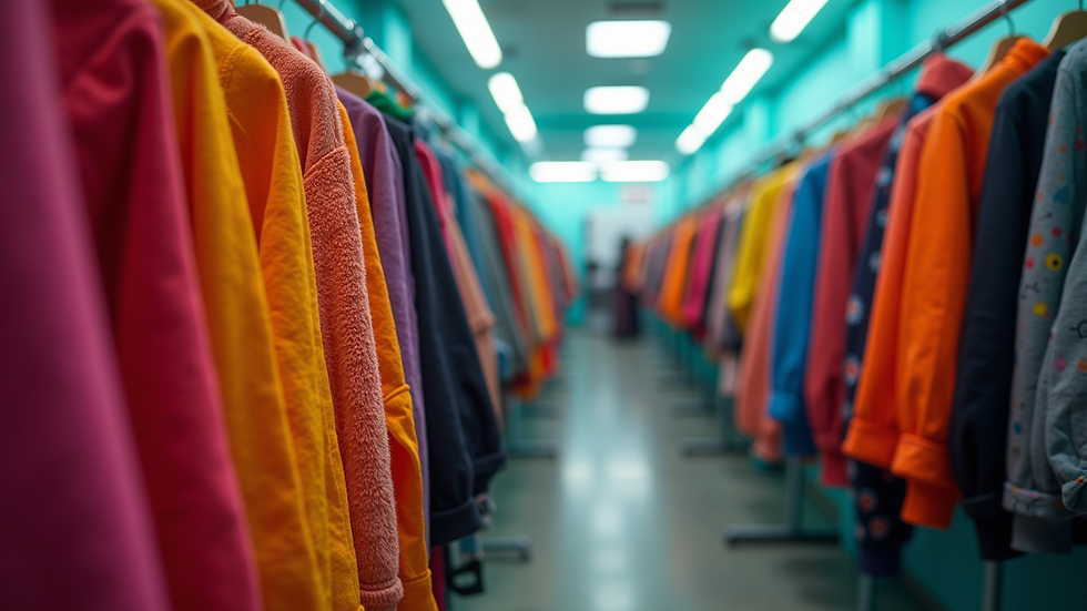 Eye-level view of a colorful clothing rack featuring rave-inspired outfits