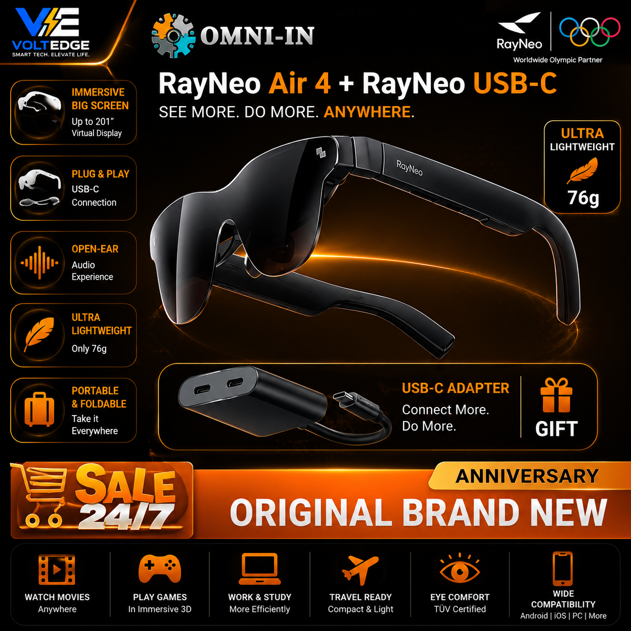 RayNeo Air 4 Smart Glasses – 135” HD Display & Ultra-Bright 1200 Nits