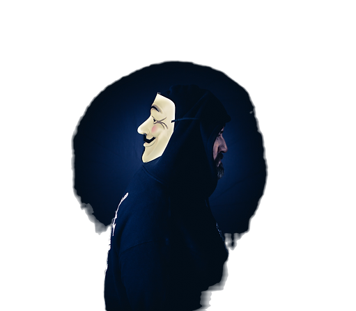 A man in a hoodie wears a Guy Fawkes mas