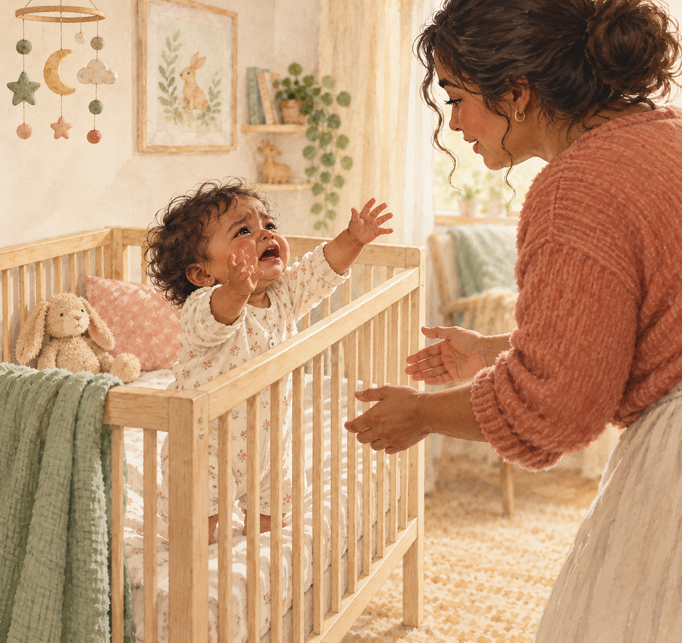 Mother comforting her crying baby, who reaches toward her from a crib, illustrating attachment needs in childhood.