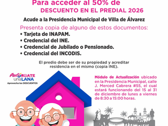 Tiene la Villa campaña dirigida a mayores de 60 años para mantener 50% de descuento en Predial de 2026