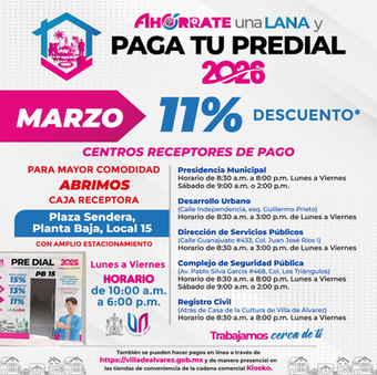 Ofrece Villa de Álvarez en marzo descuento ‎del 11% en el Predial 