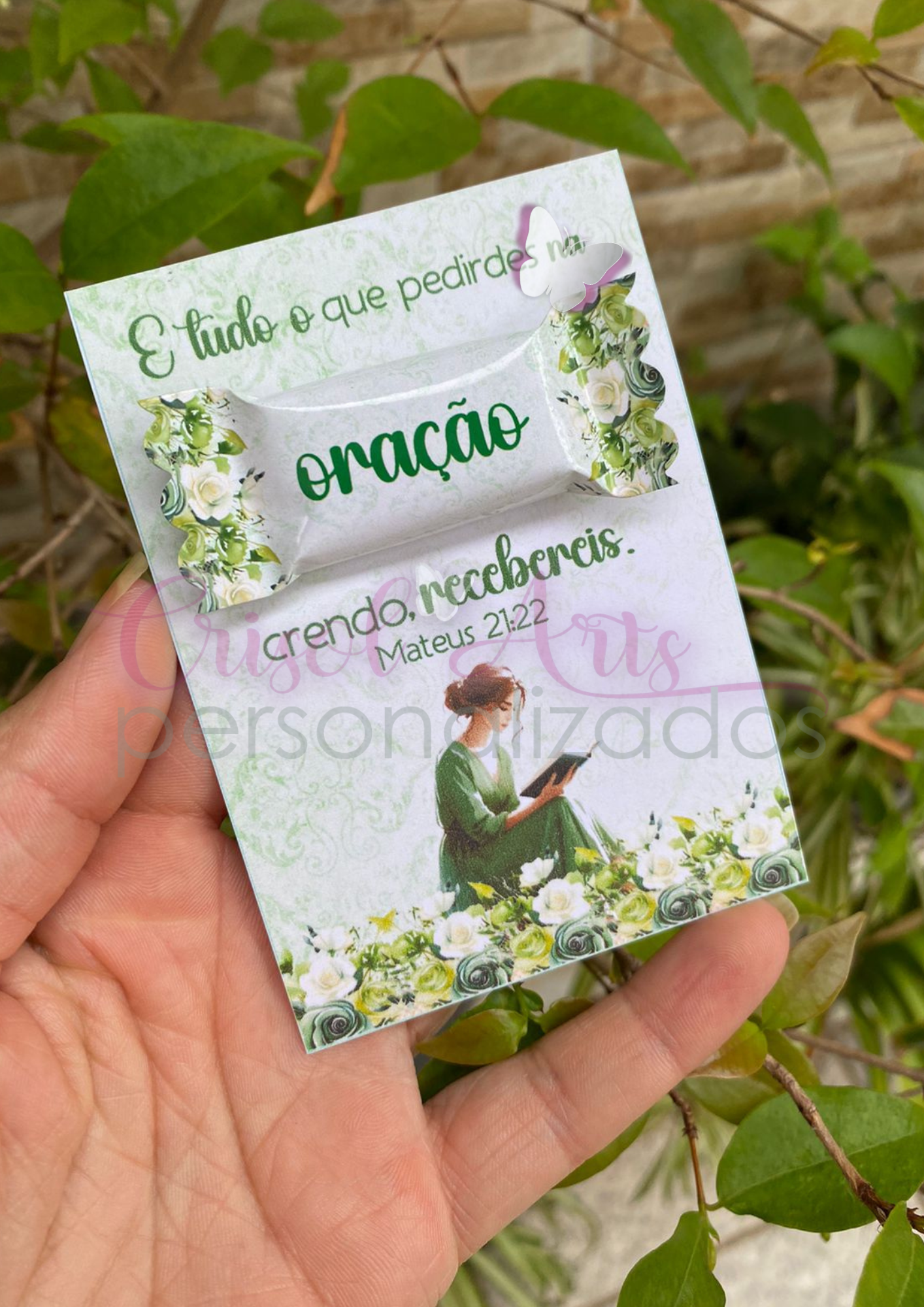 Kit Card e adesivo para balinhas Mulher que Ora verde