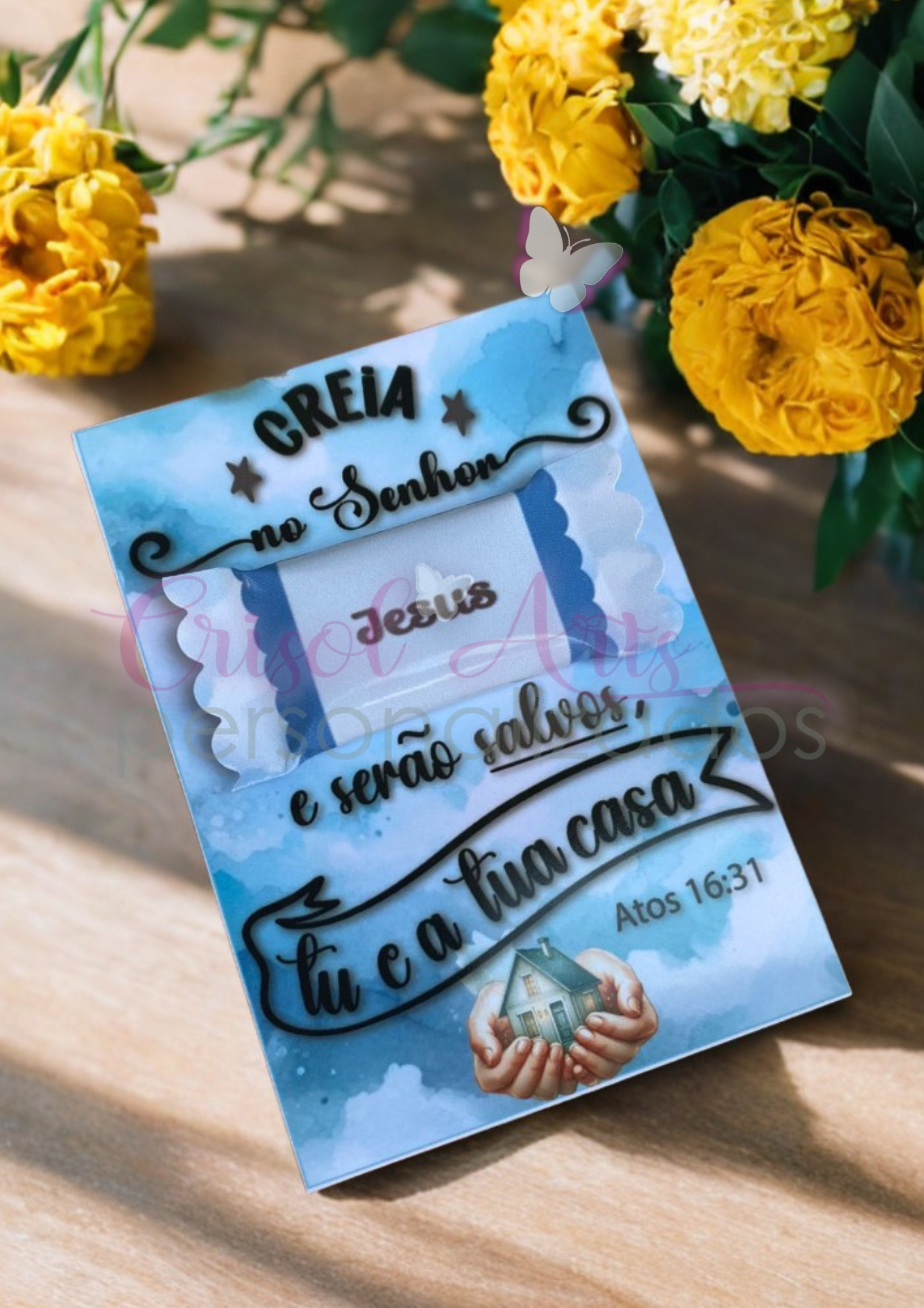 Kit Card e adesivo para balinhas Creia no Senhor Jesus