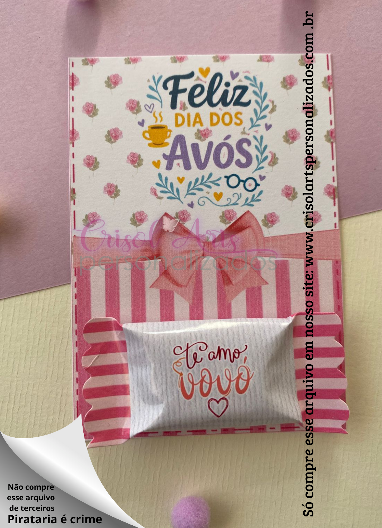 Kit card e adesivo balinha vovó rosa
