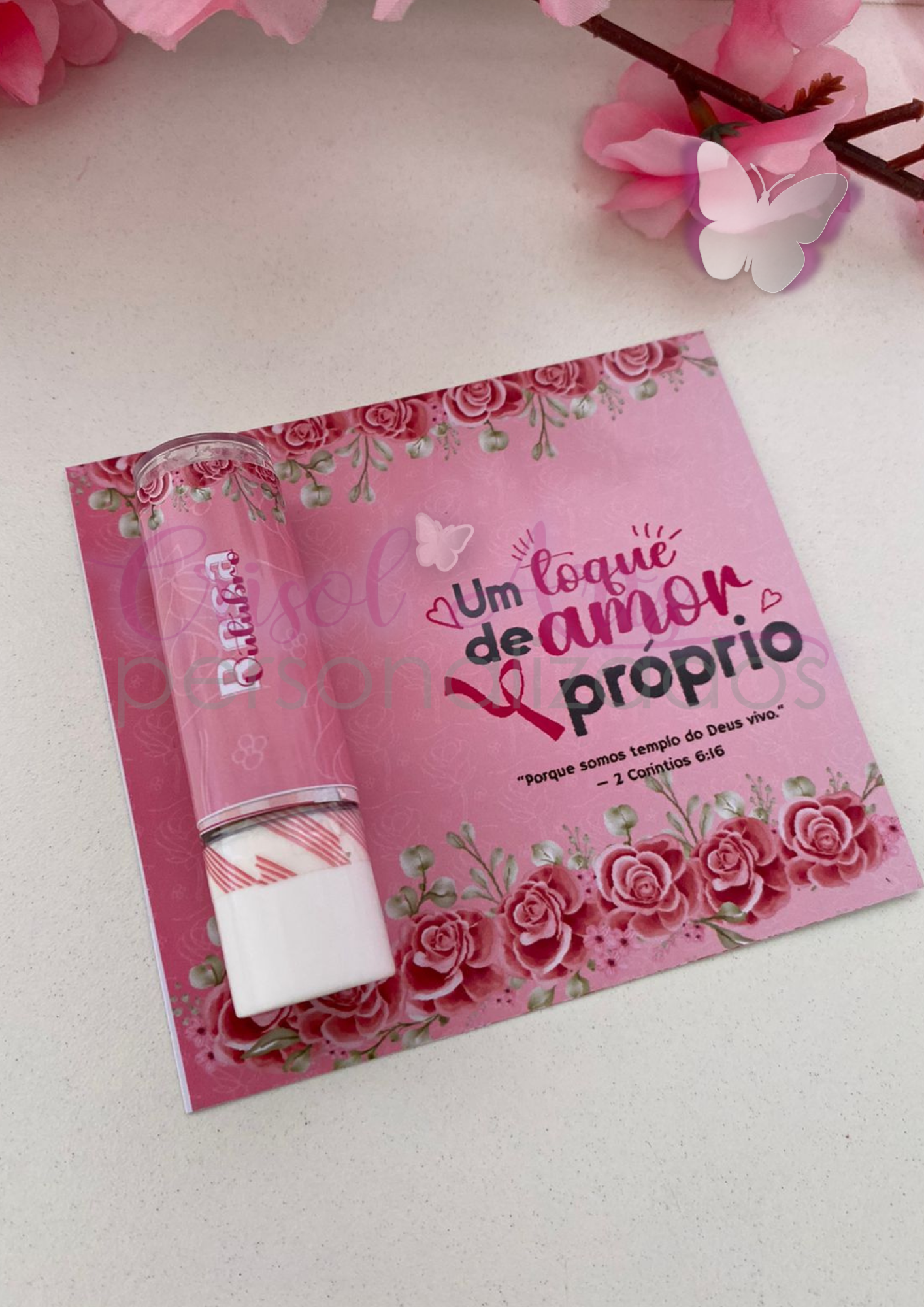 Kit Card e adesivo Outubro Rosa para manteiga de cacau