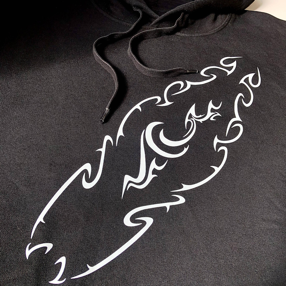 Printed product image of the black hoodie featuring a large black and white tribal surfboard graphic.