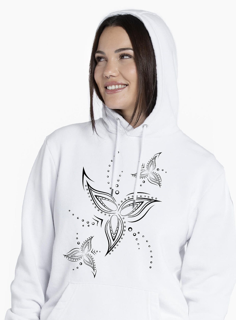 A mockup of a woman wearing a white hoodie featuring a large black and white line tri flower graphic design.