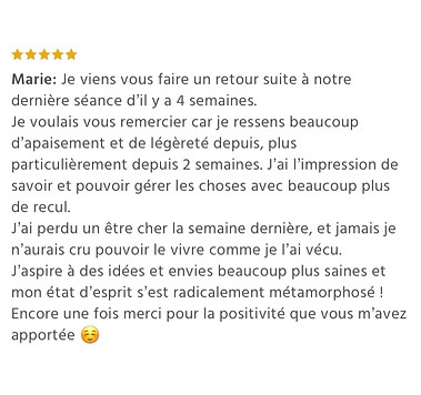 41 - hypnotherapeute paris avis -Témoignage Marie soin énergétique Paris deuil Elisa Therapie Coaching Elisa Erin