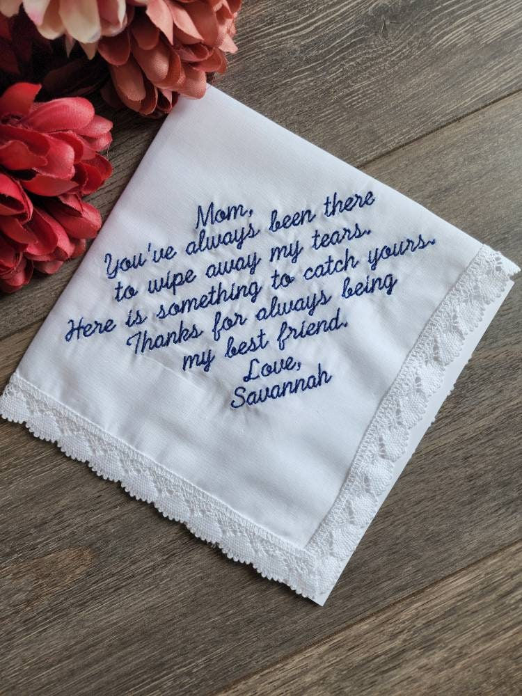 Wedding Handkerchief for Mom, Embroidered Keepsake for Mother