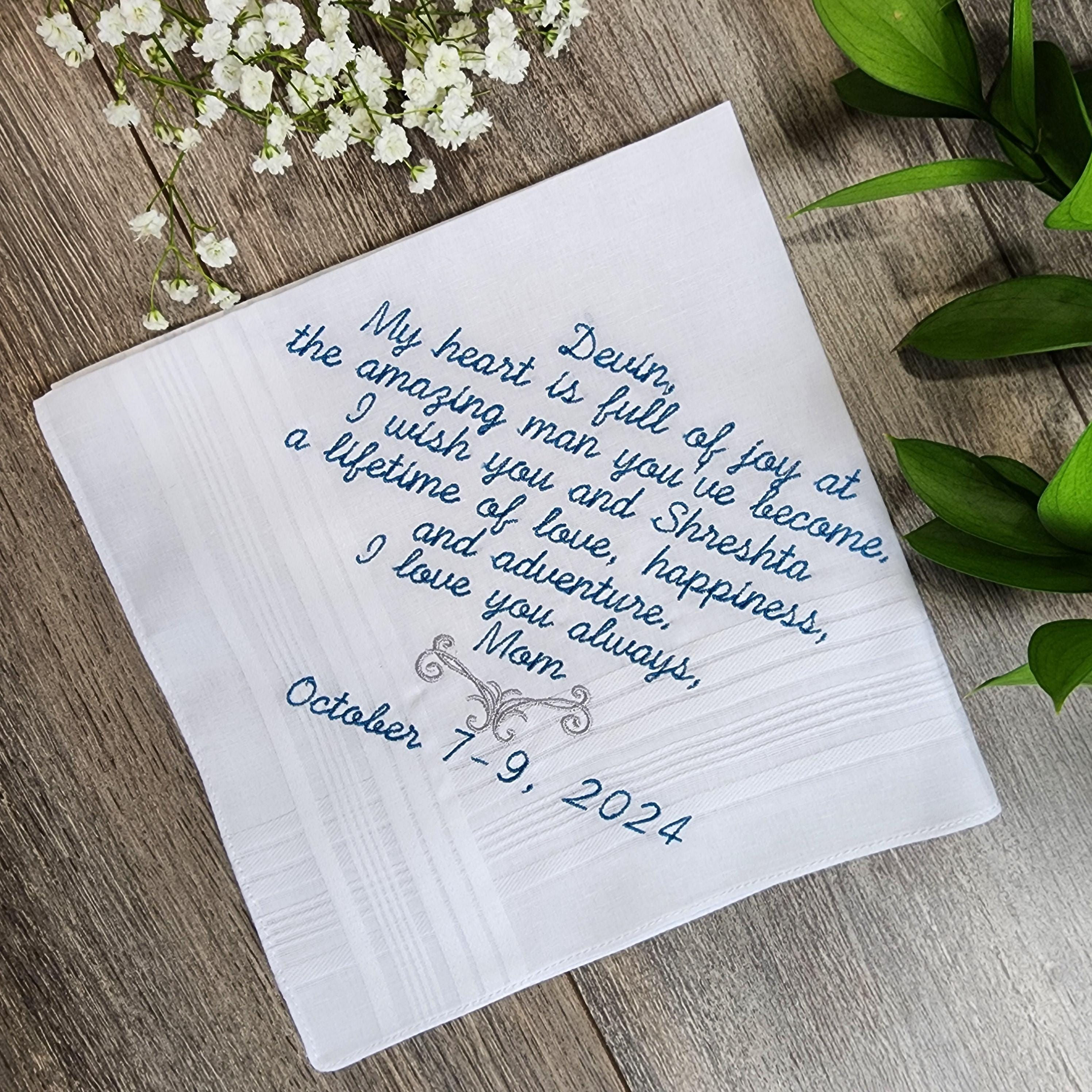Embroidered Wedding Handkerchief for Son's Wedding, Personalized Pocket Square
