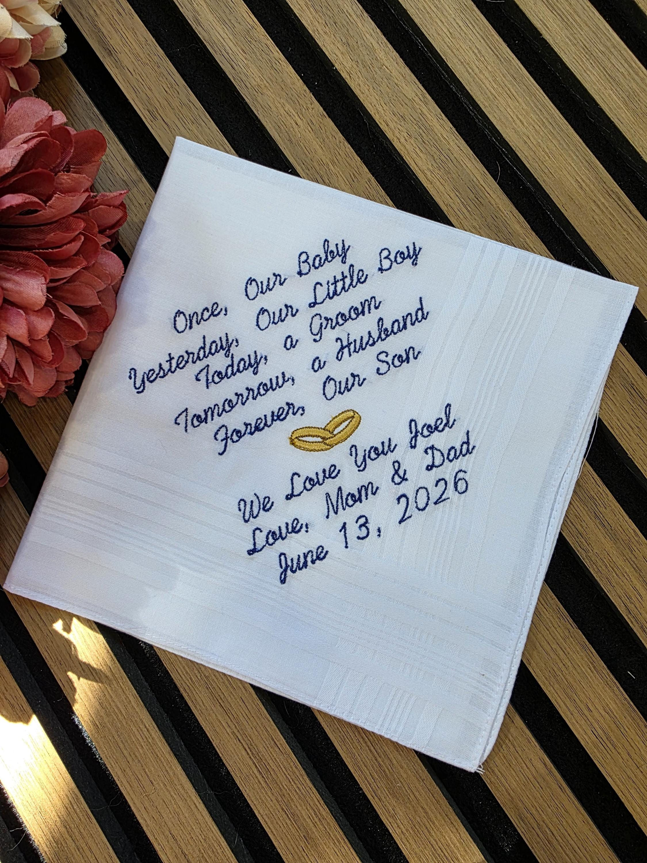 Son's Wedding Gift, Embroidered Handkerchief, Personalized Pocket Square