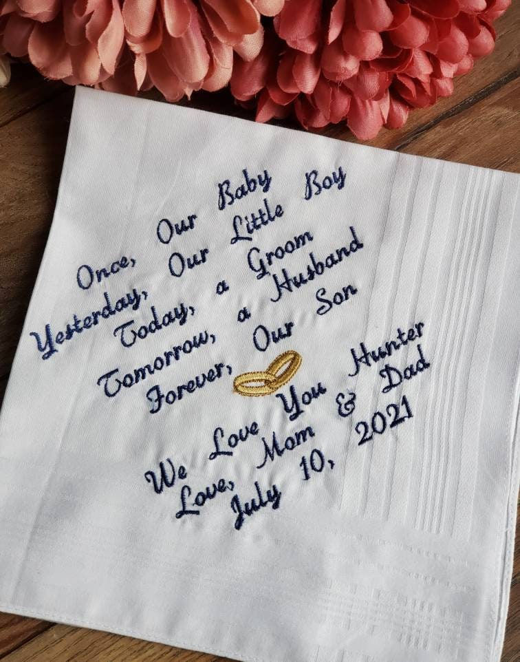 Embroidered Wedding Handkerchief or son, Personalized Pocket Square for son