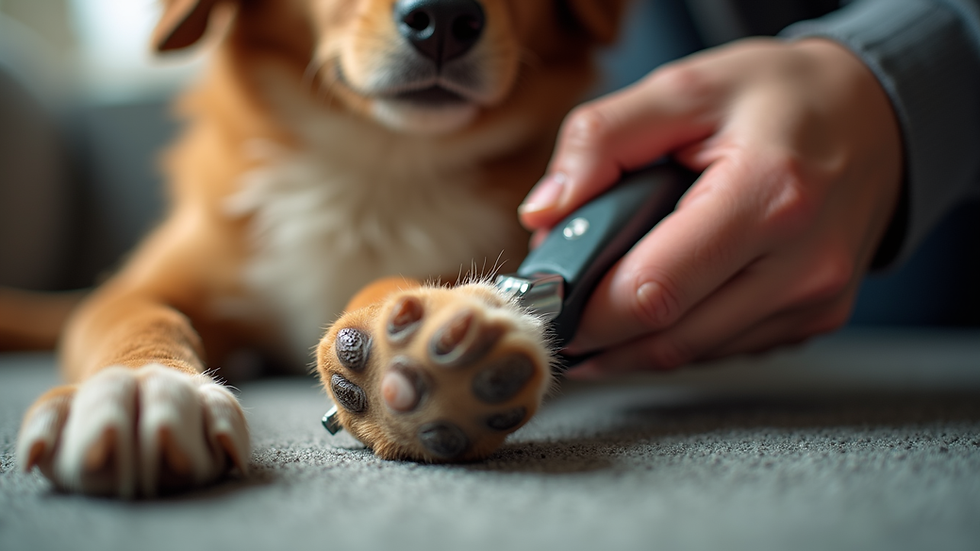 Eye-level view of dog paw being trimmed with clippers