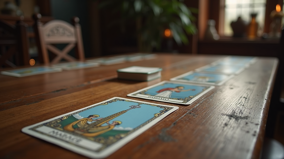 Eye-level view of tarot cards laid out on a wooden table