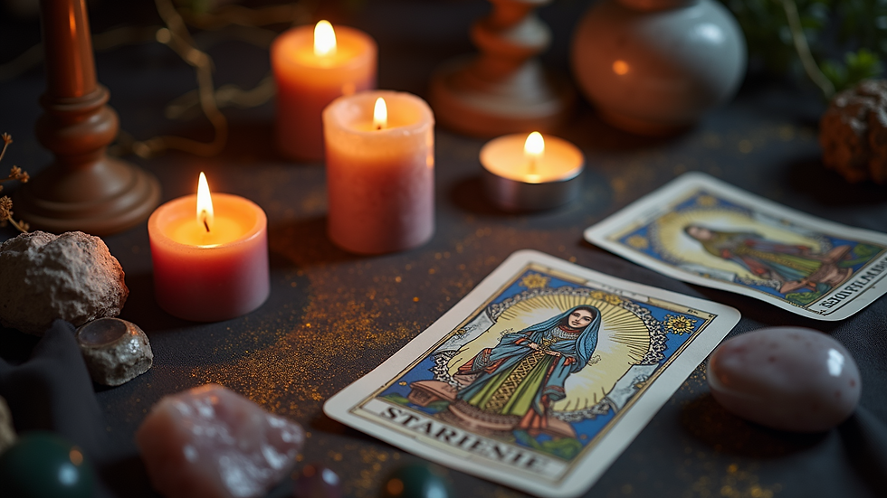 High angle view of a psychic’s table with crystals, candles, and tarot cards