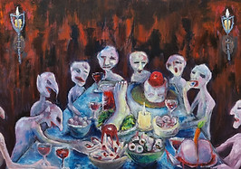 Ghouls sitting at a dinner table eating human body parts