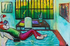 figure laying on bed looking out window