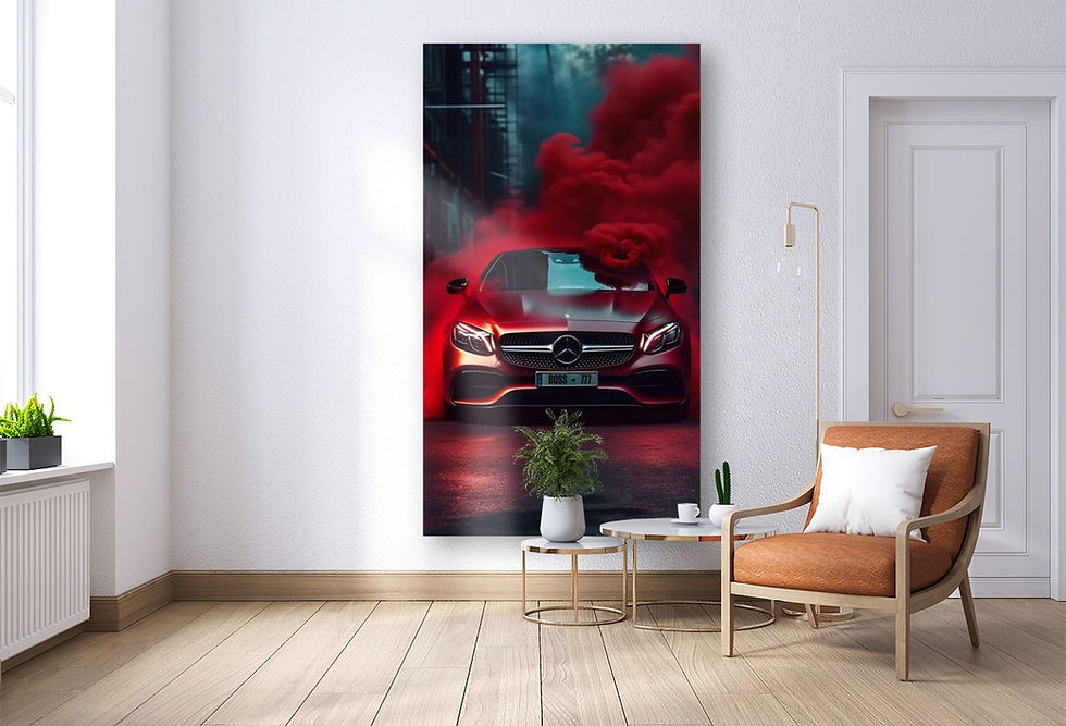 A luxury canvas print from Peak Picks Official featuring a Blood Red Mercedes-Benz, displayed in a minimalist living room