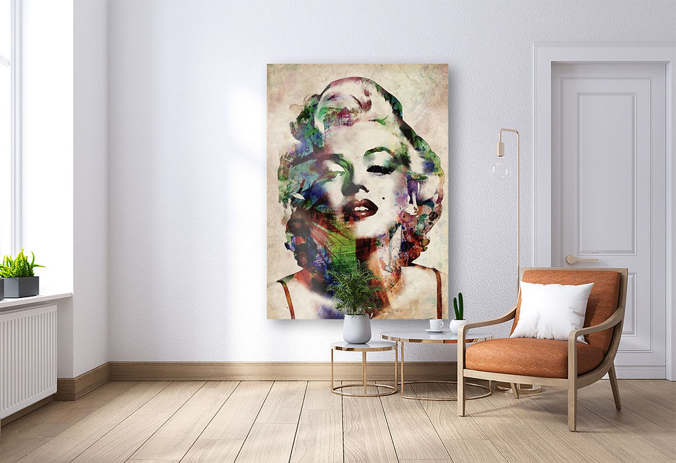 A luxury canvas print from Peak Picks Official featuring Graffiti Art Marilyn Monroe, displayed in a minimalist living room