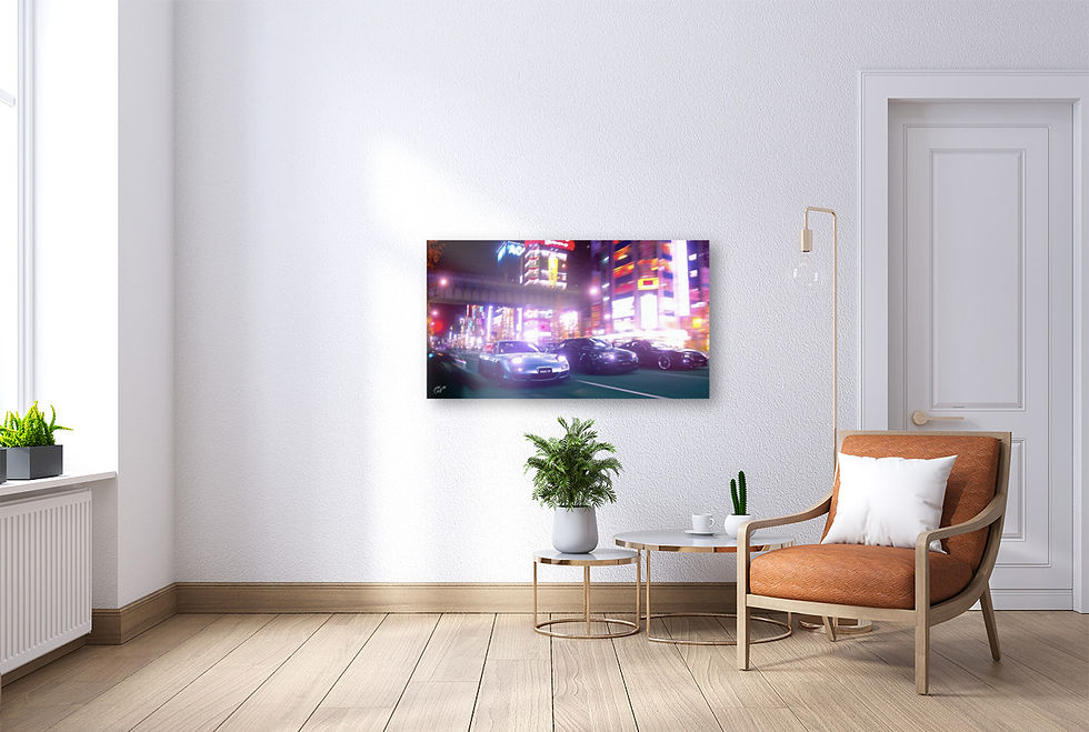 A luxury canvas print from Peak Picks Official featuring a Drag Race in Japan, displayed in a minimalist living room