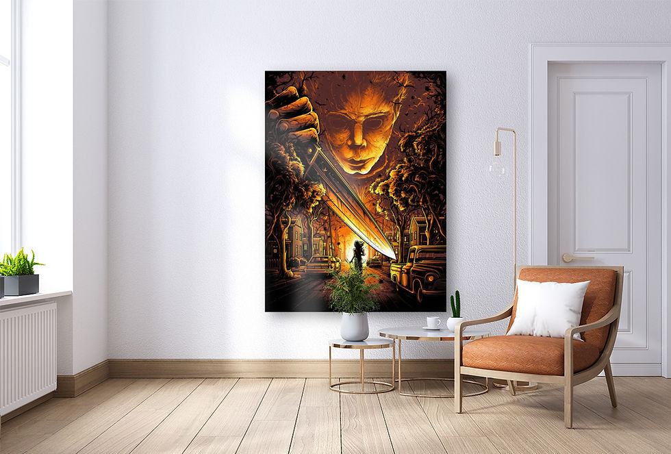 A luxury canvas print from Peak Picks Official featuring Micheal Myers from 'Halloween', displayed in minimalist living room