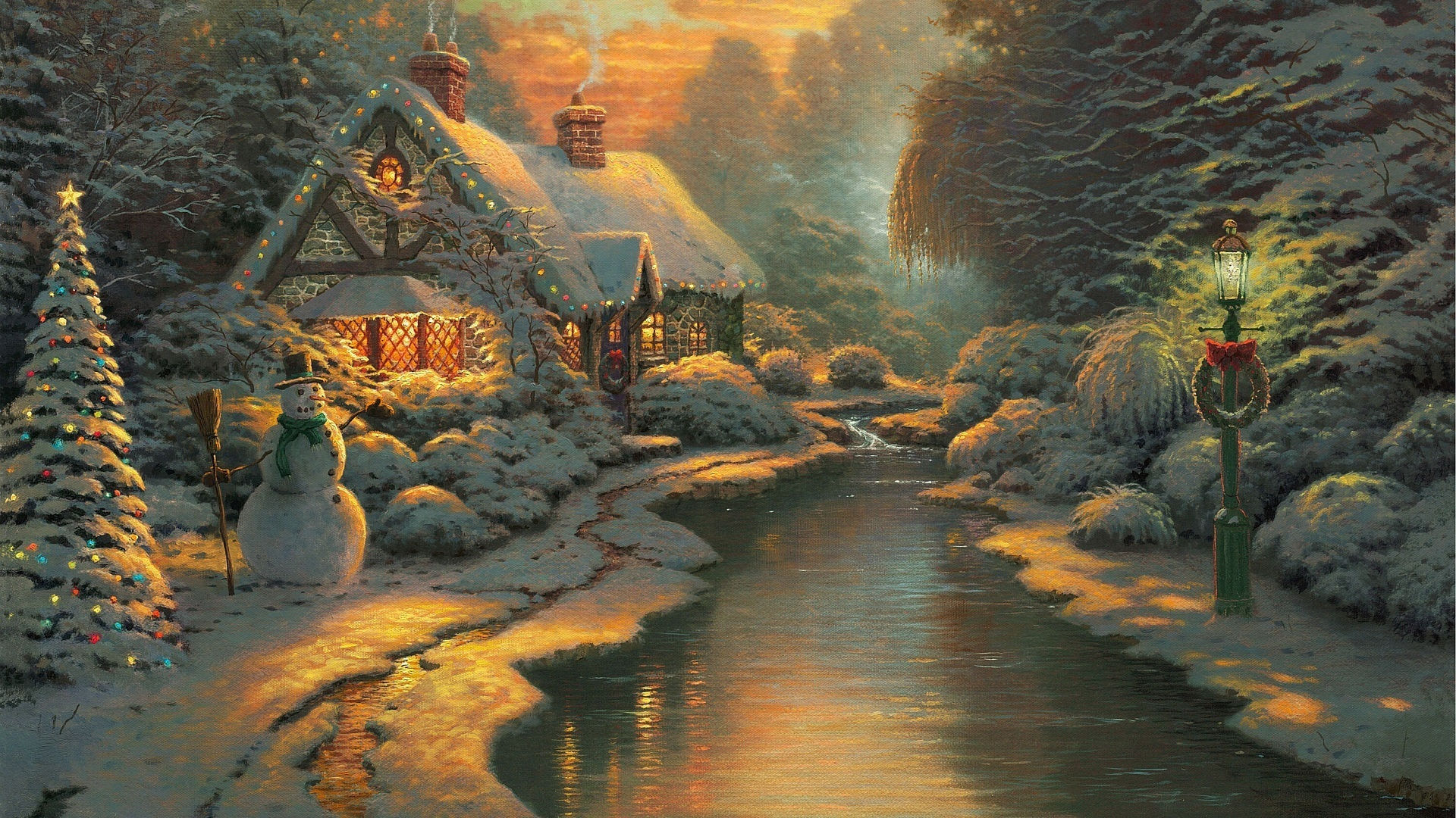 A luxury canvas print from Peak Picks Official featuring a riverside Cottage during Christmas, perfect for any living space