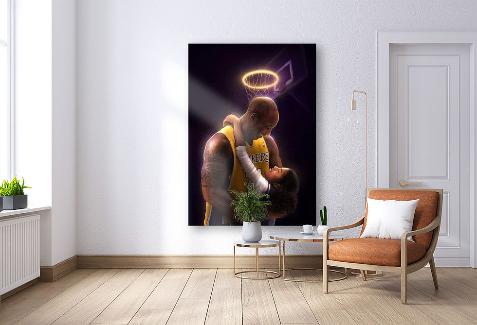 A luxury canvas print from Peak Picks Official featuring Kobe and Gigi Bryant, displayed in a minimalist living room