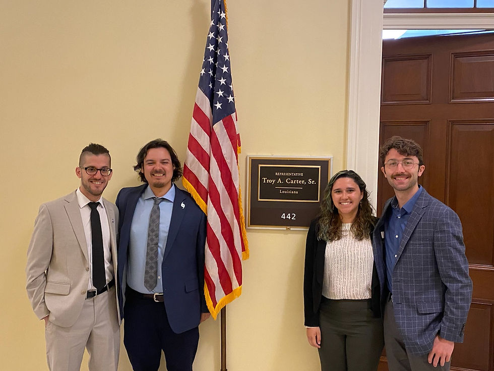 Tulane AAAS CASE Workshop 2023 representatives meeeting Troy Carter staff at Hill Day. From left to right (Louay Backnak, Tyler Crum, India Pursell, and John Argentino)