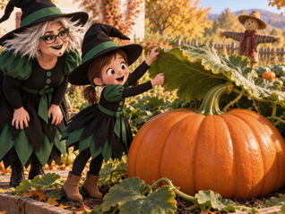 Dans un potager d'automne, Ellie et Mamie, déguisées en sorcières, découvrent une énorme citrouille orange cachée sous les grandes feuilles.