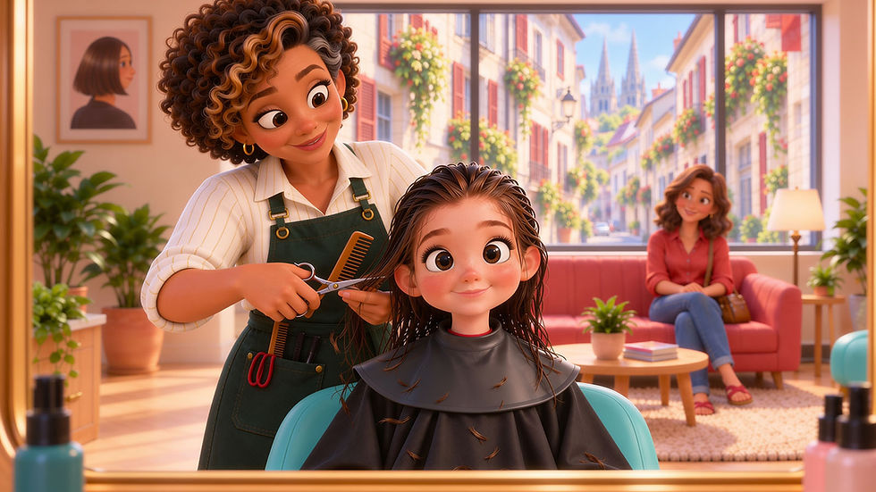 Dans le miroir d'un salon de coiffure, Ellie, les cheveux mouillés et une cape noire sur les épaules, sourit pendant que la coiffeuse lui coupe les cheveux. Maman l'attend sur un canapé rouge.